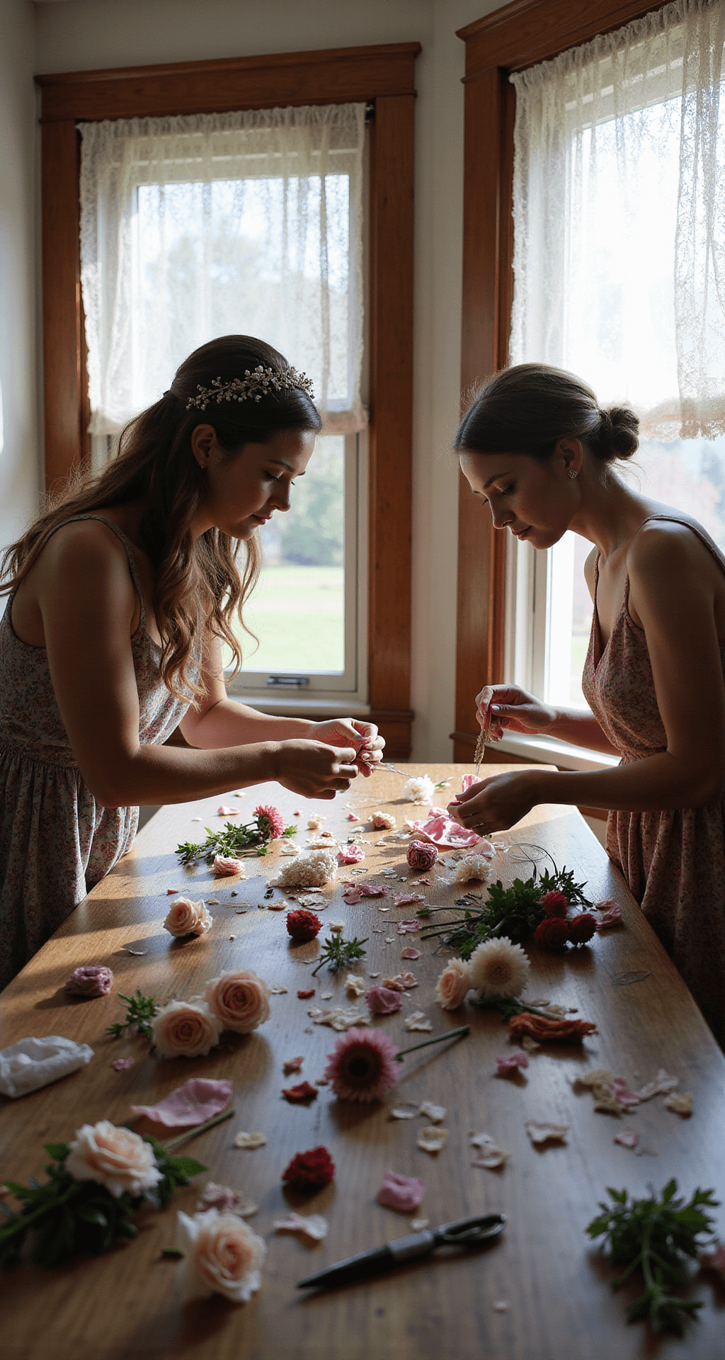Blooming Brilliance: The Ultimate Guide to Wedding Hair Flowers Wide-angle view of bridesmaids crafting silk flower hair accessories at a farmhouse table, surrounded by scattered craft supplies and bathed in soft afternoon light through lace curtains.