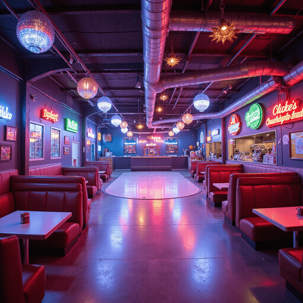 16th Birthday Bash: The Ultimate Guide to Throwing an Unforgettable Sweet 16 Party A vibrant retro roller skating party setup in a transformed warehouse at twilight, featuring LED color wheels casting rainbow patterns, a central skating rink, chrome and vinyl diner booths, walls decorated with vintage memorabilia and disco balls, neon signage, and a candy bar with metallic accents and bright colors.