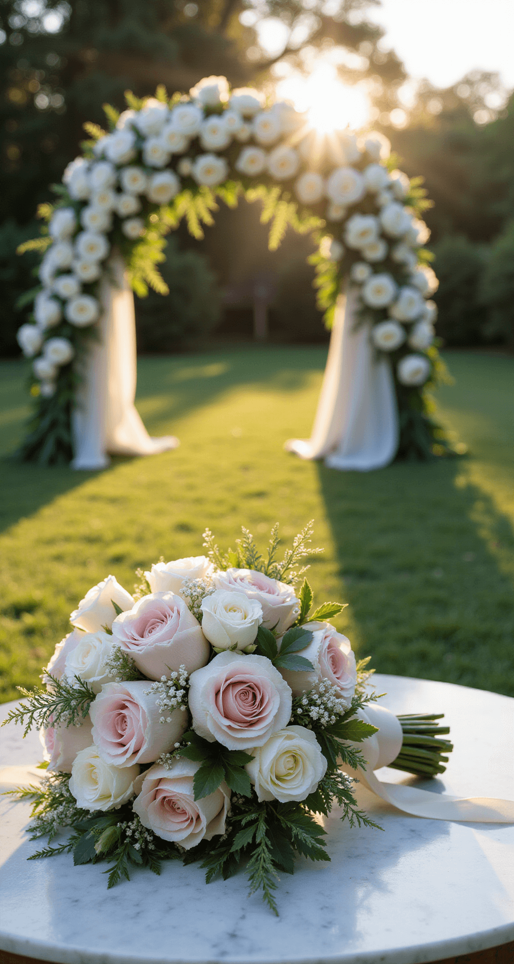 Wedding Bouquets: Your Ultimate Guide to Choosing the Perfect Floral Companion Sunlit garden ceremony setup with a floral arch of white roses and peonies, an elegant bridal bouquet on a vintage marble table with blush roses, white peonies, and trailing ivy, captured in golden hour lighting with dewdrops and flowing ribbons.