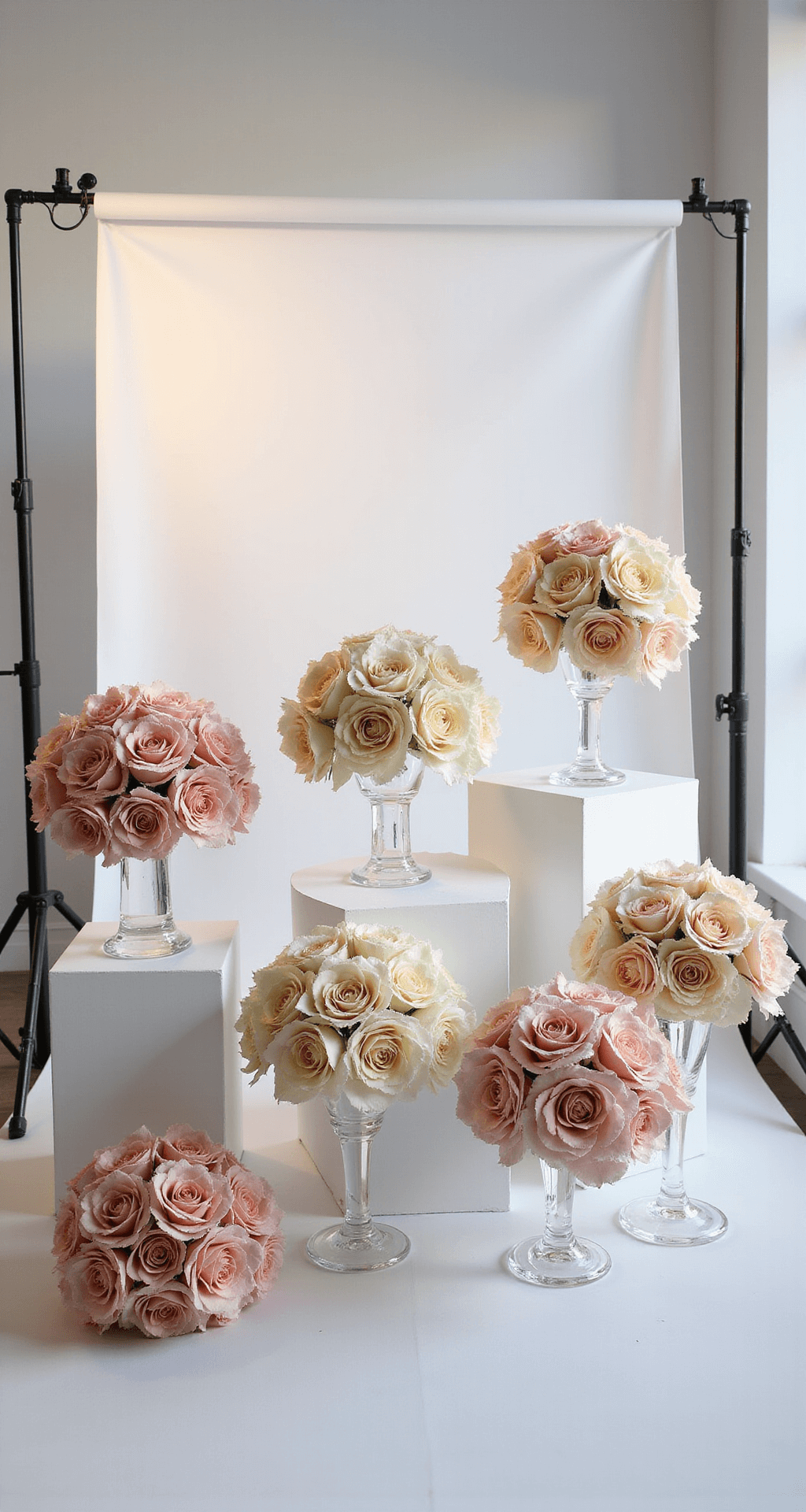 Wedding Bouquets: Your Ultimate Guide to Choosing the Perfect Floral Companion An indoor studio displaying artificial wedding bouquets on crystal stands with soft lighting highlighting the realistic silk flowers against a clean white backdrop.