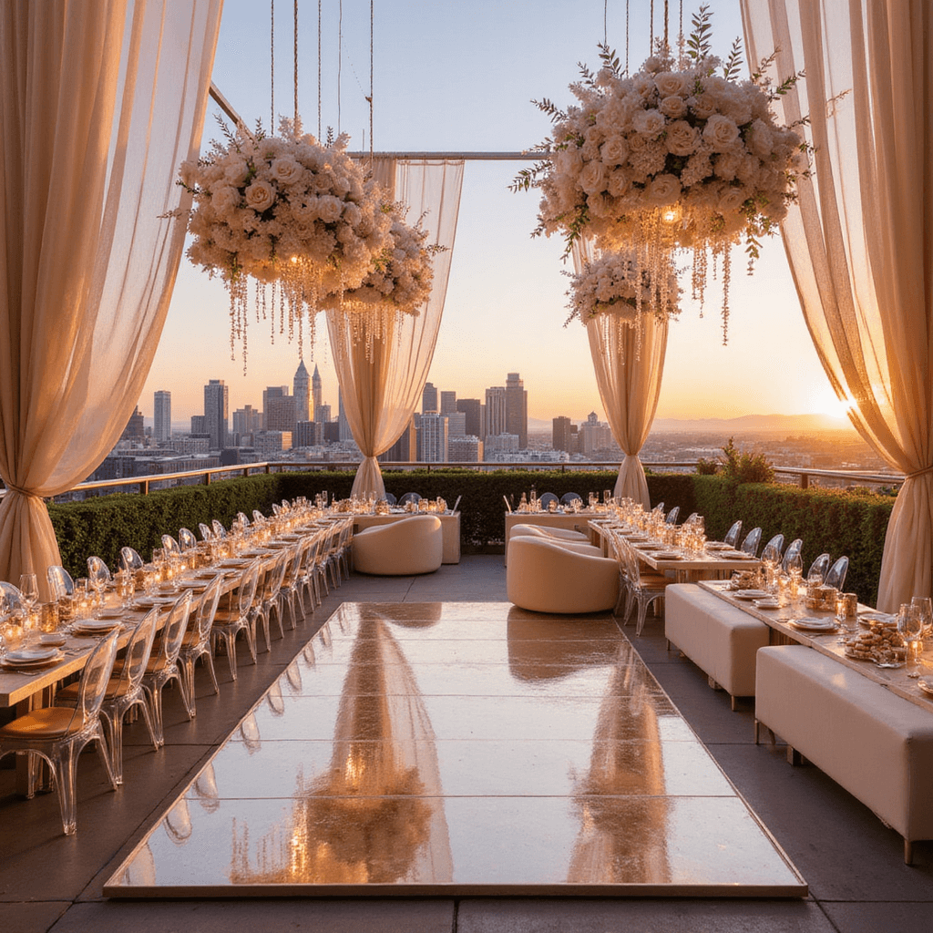 16th Birthday Bash: The Ultimate Guide to Throwing an Unforgettable Sweet 16 Party Glamorous rooftop Sweet 16 party at sunset, featuring panoramic city skyline views, ghost chairs, champagne-colored draping, mirrored tables with rose gold chargers, geometric floral arrangements in white and blush, an LED dance floor, and a dessert wall with metallic macarons and petit fours.