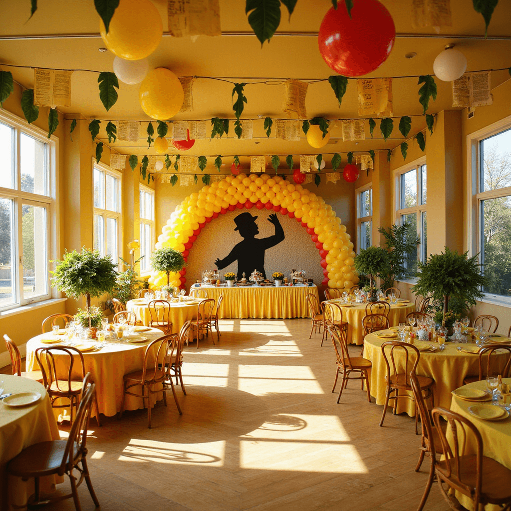 Ultimate Curious George Birthday Party Guide: Monkey Mischief and Fun! A vibrant indoor party space inspired by Curious George, featuring yellow and red balloon arches, banana leaf garlands, and banners made from vintage book pages, with sunlight illuminating round tables dressed in yellow linens and playful monkey topiary centerpieces, complemented by a grand dessert table with a silhouette of the Man with the Yellow Hat against a balloon backdrop.