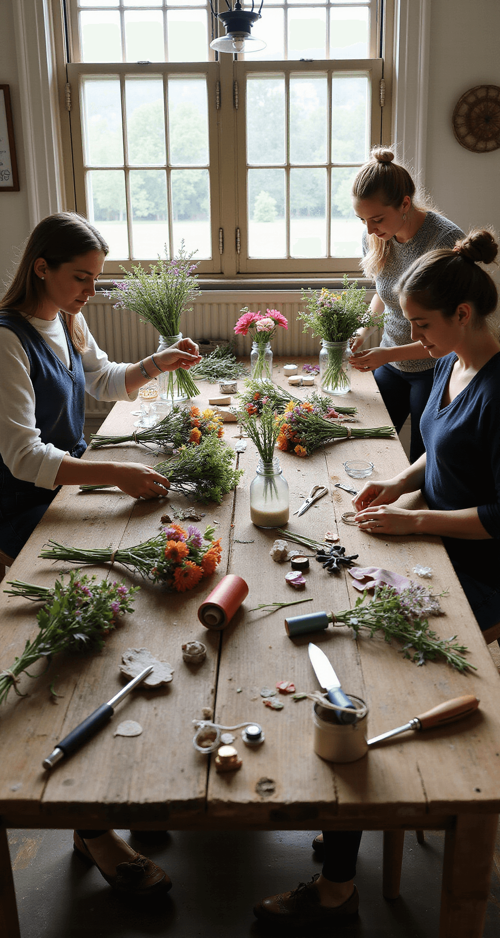 Wedding Bouquets: Your Ultimate Guide to Choosing the Perfect Floral Companion Overhead view of a rustic farmhouse kitchen table during a DIY bouquet workshop, with natural light highlighting scattered wildflowers, crafting tools, ribbon spools, and hands crafting bouquets. Vintage mason jars hold completed flower arrangements.