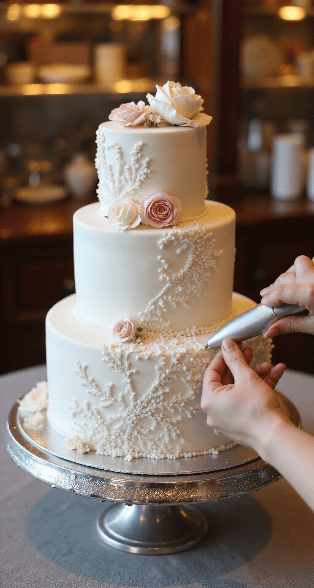Traditional Wedding Cake: The Ultimate Guide to Creating a Legendary Centerpiece A three-tiered white wedding cake on a mirrored silver stand, adorned with intricate lace patterns in royal icing, fresh sugar flowers in pastel pinks and ivories, and crystalline sugar pearls, all illuminated by warm golden hour light in an elegant pastry kitchen.