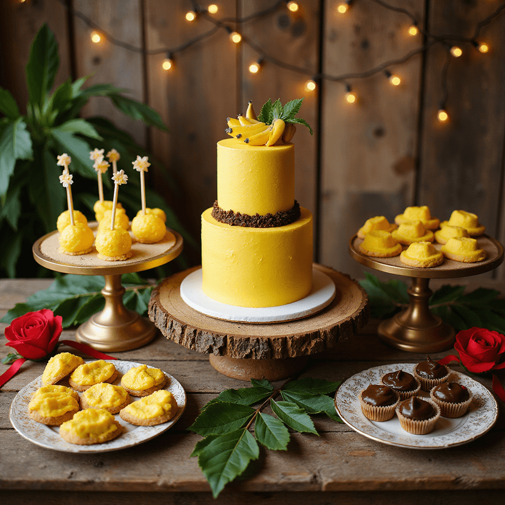 Ultimate Curious George Birthday Party Guide: Monkey Mischief and Fun! Overhead view of a dessert station with a tiered yellow and brown birthday cake on a rustic wooden table, surrounded by banana-shaped cake pops, yellow hat cookies, and chocolate-covered banana bites, all under twinkling fairy lights and accented with banana leaves and red ribbons.