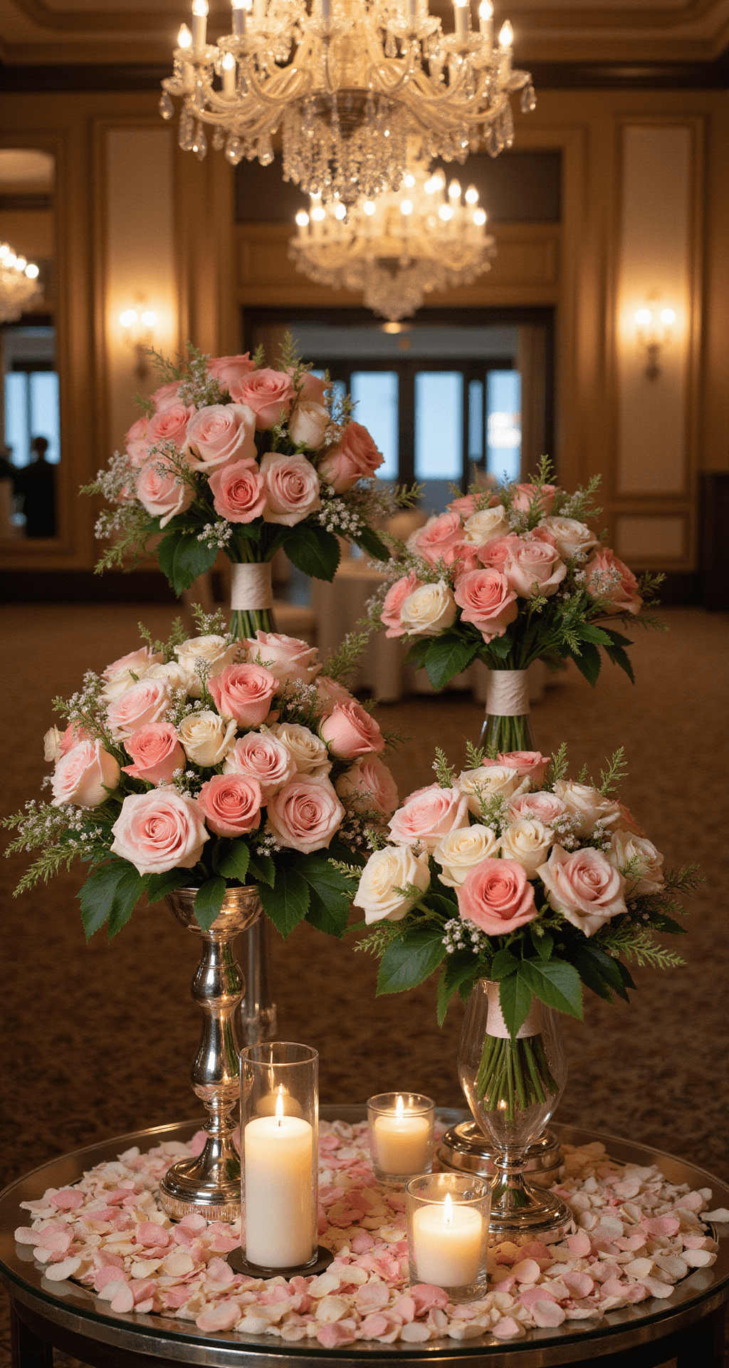 Wedding Bouquets: Your Ultimate Guide to Choosing the Perfect Floral Companion Luxury hotel ballroom with mirrored table displaying premium rental bouquets on silver stands, under crystal chandeliers; surrounded by candlelight and rose petals.