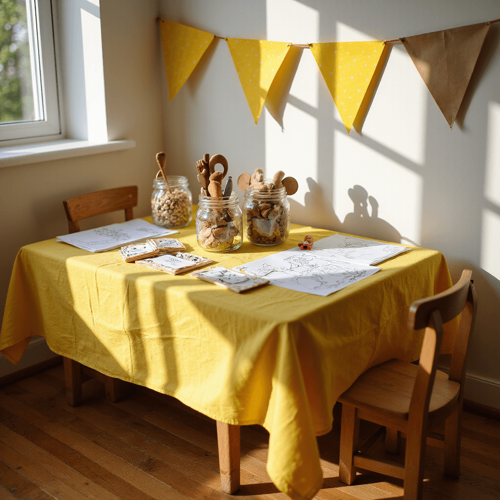 Ultimate Curious George Birthday Party Guide: Monkey Mischief and Fun! Close-up of a children's craft corner with a low wooden table and miniature chairs, surrounded by mason jars filled with craft supplies, brown paper for monkey ears, and Curious George printables, all highlighted by afternoon sunlight. Yellow polka dot tablecloths and handmade banana bunting add a playful touch.