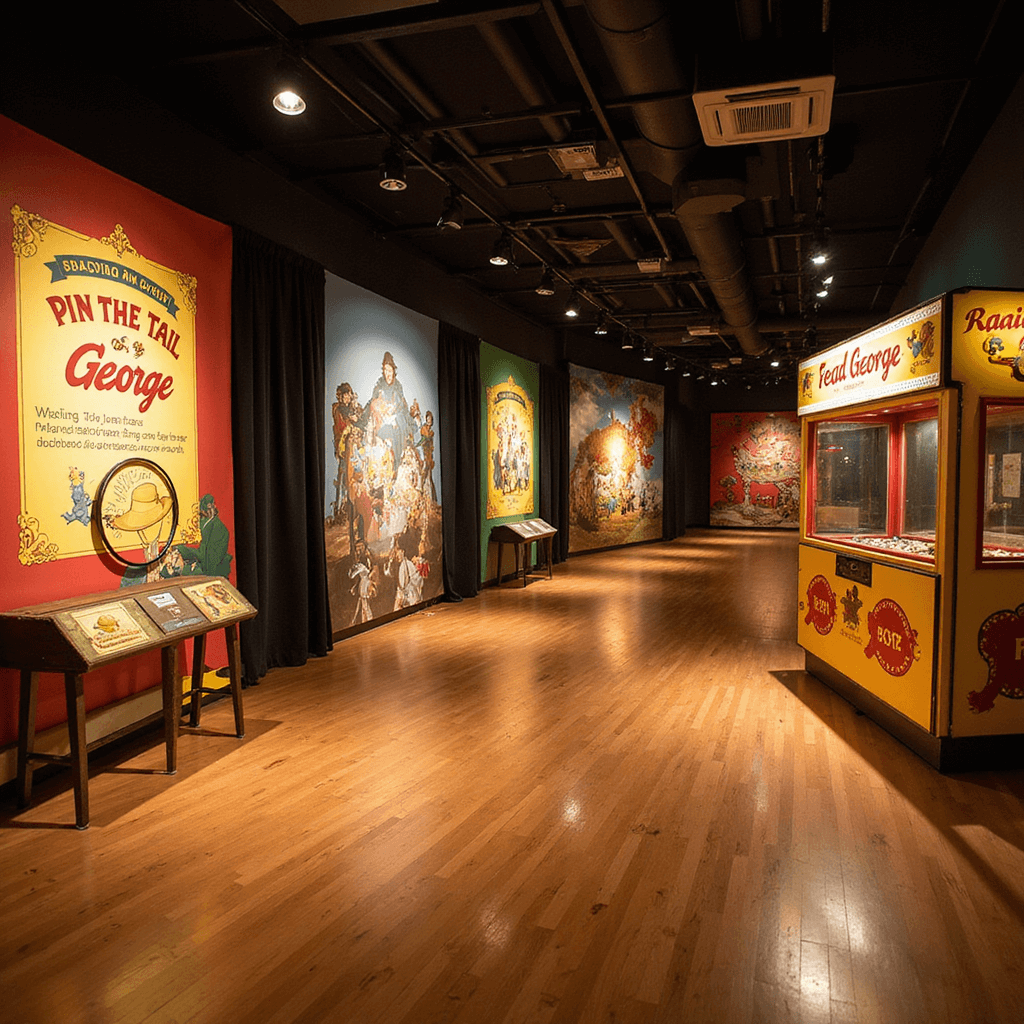 Ultimate Curious George Birthday Party Guide: Monkey Mischief and Fun! Cinematic wide shot of a vibrant interactive game zone with a vintage 'Pin the Tail on George' backdrop, yellow hat ring toss stations, a 'Feed George' carnival game, and monkey footprints on a polished wooden floor, all illuminated by warm spotlighting.