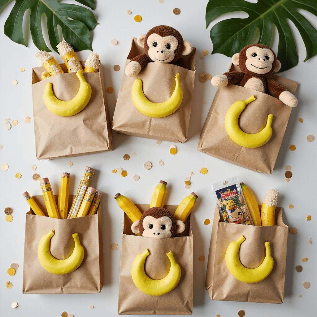 Ultimate Curious George Birthday Party Guide: Monkey Mischief and Fun! A flat lay of a party favor display featuring kraft paper bags with banana motifs, filled with plush monkey toys, yellow pencils, character bookmarks, and banana-shaped treats, surrounded by confetti and fresh banana leaves, all captured from above in soft lighting.