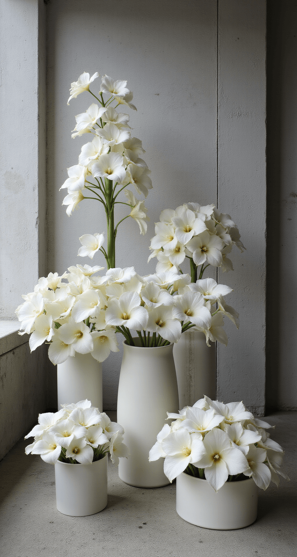 Wedding Bouquets: Your Ultimate Guide to Choosing the Perfect Floral Companion Modern minimalist urban loft with white calla lilies and orchids against concrete walls, dramatic side lighting, bold shadows, clean lines, and negative space.