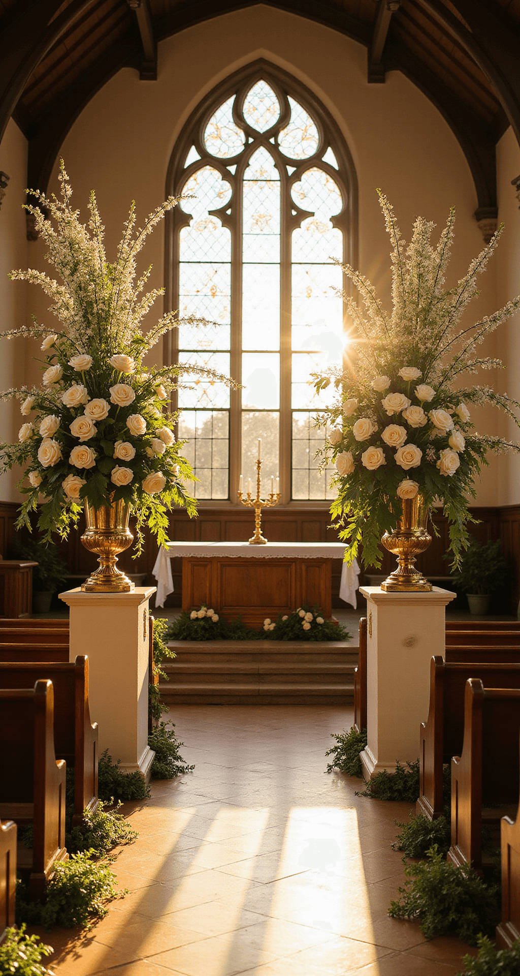 Elevating Your Church Wedding: The Ultimate Guide to Altar Flowers A dramatic church altar bathed in golden hour light, with sunlight streaming through stained glass windows illuminating large floral arrangements. Two tall pedestals with cascading white roses, hydrangeas, and ivy flank the altar, complemented by brass candelabras. Rich mahogany pews adorned with baby's breath and silk ribbons, viewed from center aisle under vaulted Gothic ceilings and glowing cream-colored blooms.