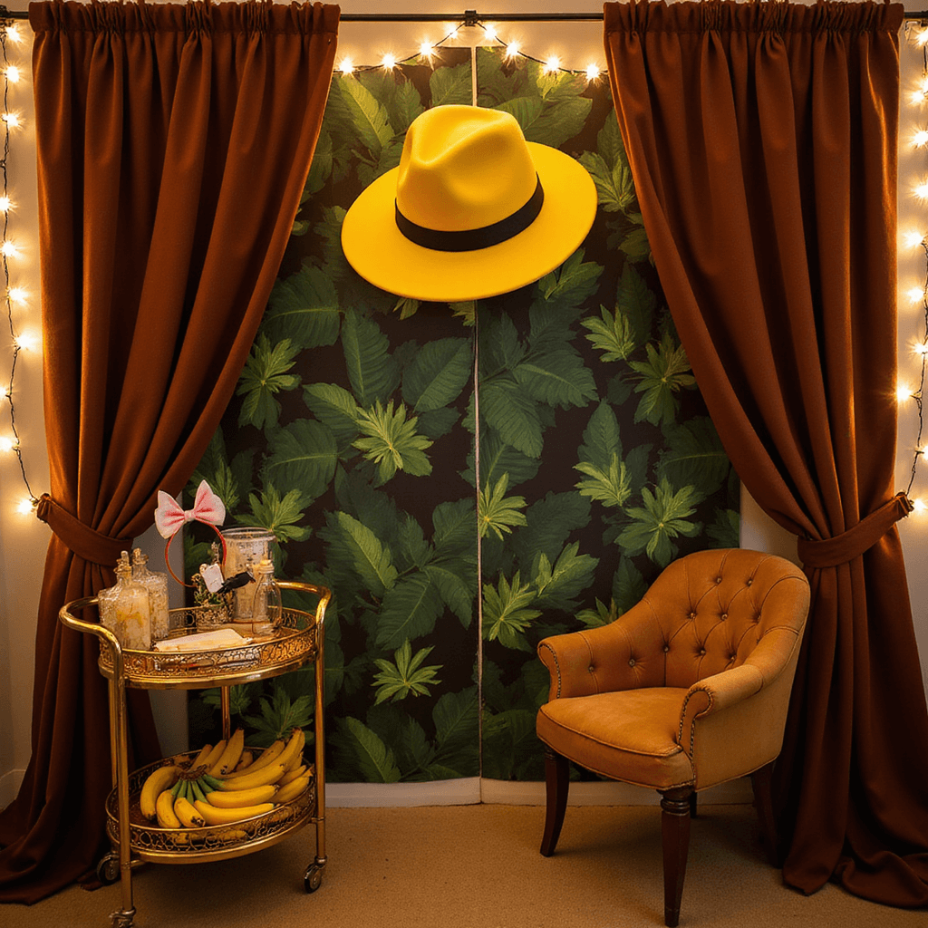 Ultimate Curious George Birthday Party Guide: Monkey Mischief and Fun! A cozy photo booth corner with oversized yellow hat prop, vintage banana leaf wallpaper, brown velvet curtains, and warm string lights; a props table with monkey ears, bow ties, and banana props on a gold-leafed vintage cart, captured at golden hour.