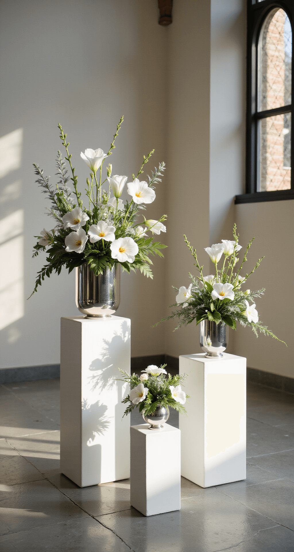 Elevating Your Church Wedding: The Ultimate Guide to Altar Flowers A modern altar design with sleek white pedestals showcasing calla lilies, white orchids, and silver dollar eucalyptus in polished chrome vessels, creating geometric shadows in a sunlit historic church setting.