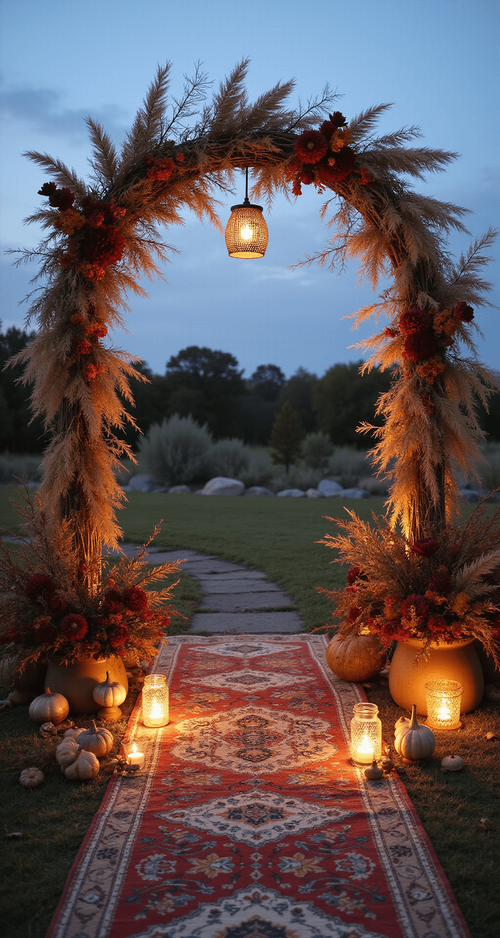 Elevating Your Church Wedding: The Ultimate Guide to Altar Flowers Boho-inspired autumn altar with copper arches, pampas grass, burgundy dahlias, wild branches, vintage rugs, hanging rattan lanterns, and earth-toned florals during blue hour.