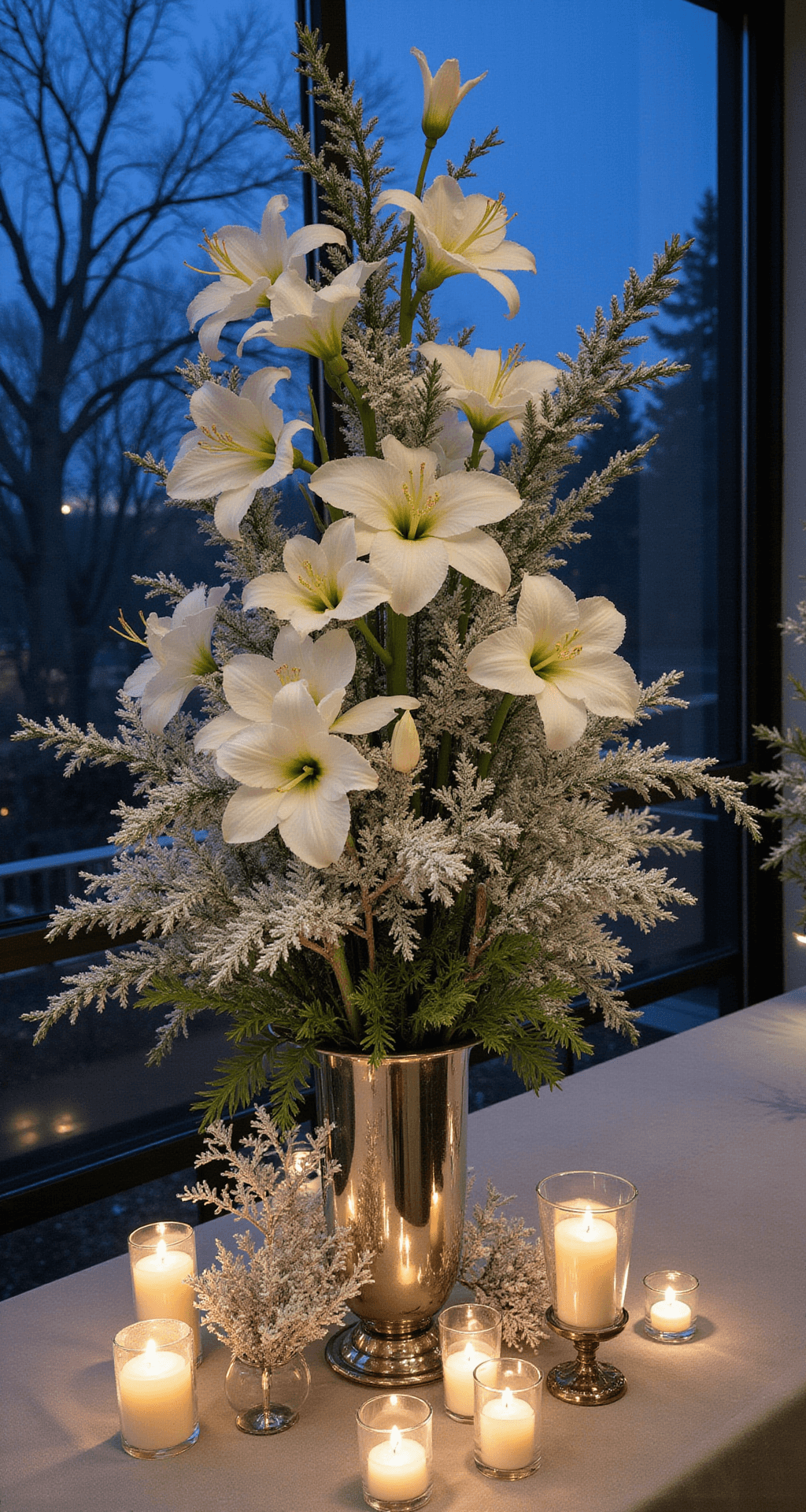 Elevating Your Church Wedding: The Ultimate Guide to Altar Flowers A winter wonderland altar scene at dusk featuring towering arrangements of white amaryllis, snow-dusted pine, and silver brunia berries for a crystalline effect, with mercury glass vessels reflecting candlelight and white orchids floating among frosted branches, highlighted by dramatic uplighting that casts mysterious shadows.