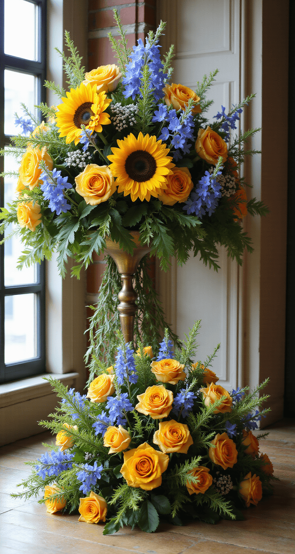 Elevating Your Church Wedding: The Ultimate Guide to Altar Flowers A close-up of a summer garden-inspired altar design with vibrant sunflowers, golden roses, and blue delphiniums on brass stands wrapped in smilax vine, bathed in morning light.