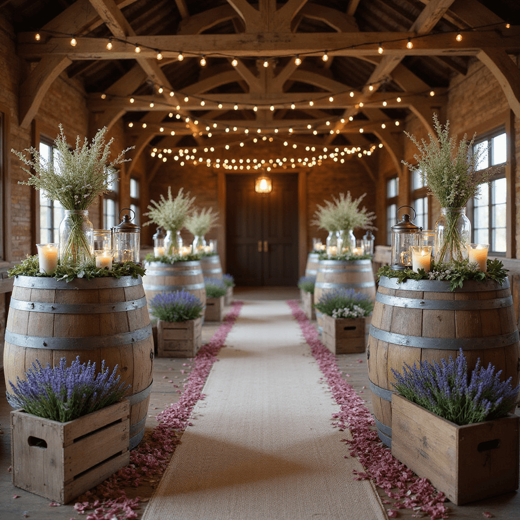 Ultimate Wedding Aisle Decoration Guide: Transform Your Ceremony Space A rustic barn wedding setting featuring wooden barrels with mason jar wildflower arrangements, antique lanterns on shepherd's hooks, a burlap runner with rose petals, wooden crates with lavender, and Edison bulb string lights.