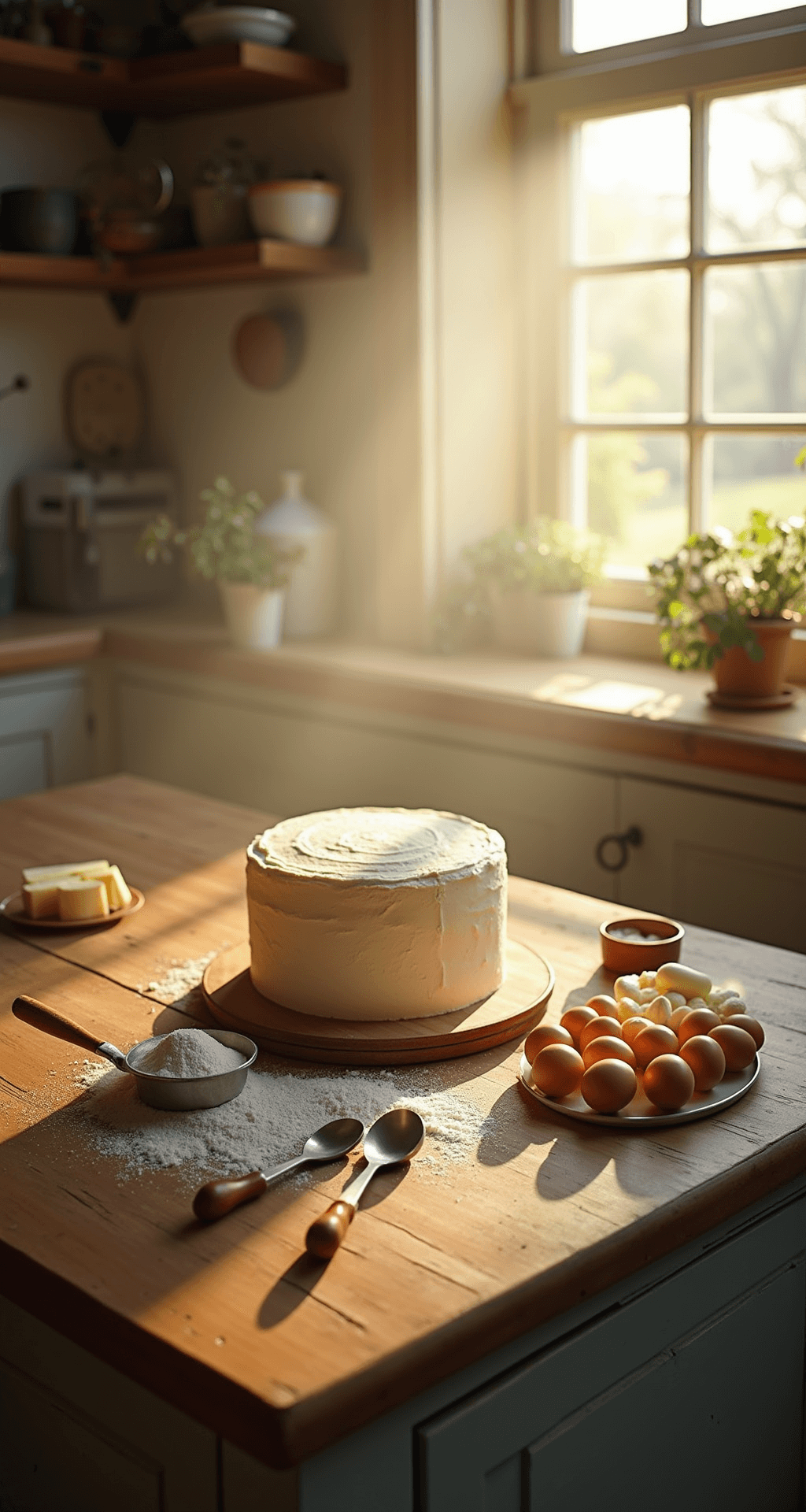 NAKED WEDDING CAKE: THE ULTIMATE RUSTIC CELEBRATION CENTERPIECE A sunlit kitchen workspace with vintage wooden countertops, featuring neatly arranged cake ingredients like fresh eggs, sifted flour, and creamy butter, illuminated by golden morning light.