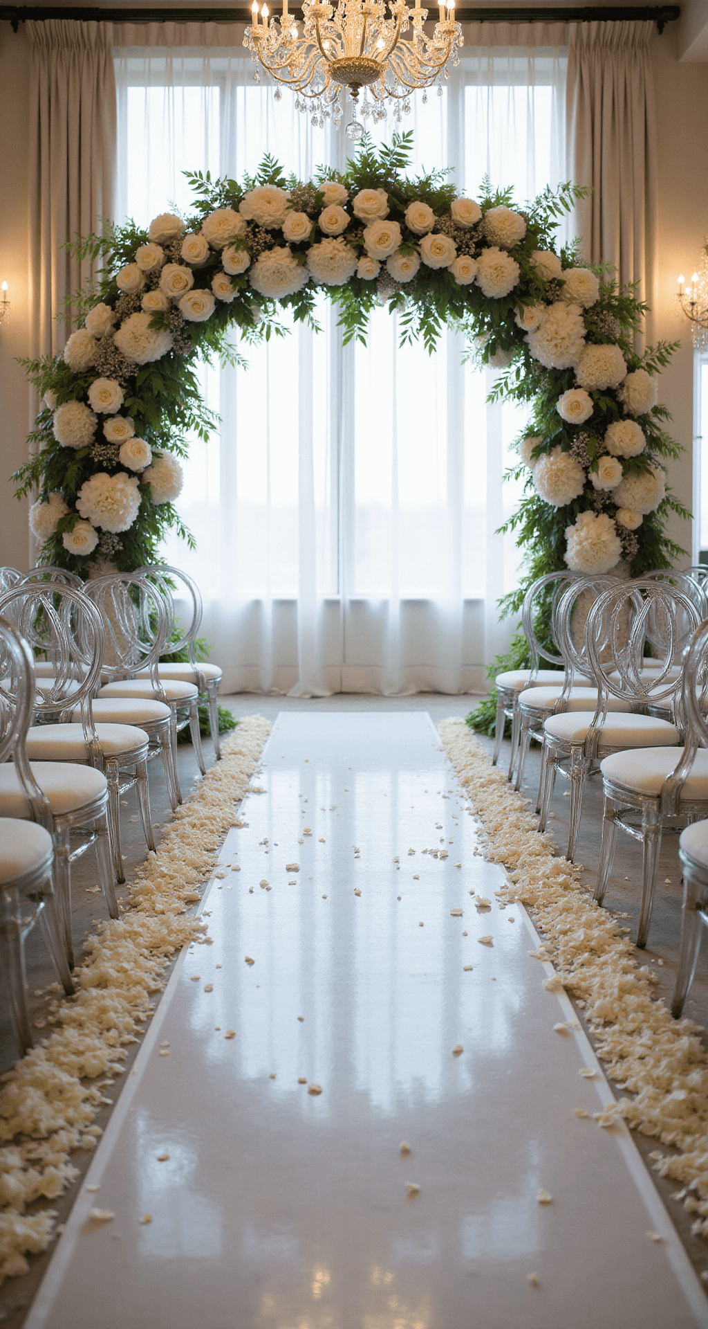 White Flowers for Weddings: A Bride's Ultimate Guide to Timeless Elegance A high-angle view of a grand ballroom wedding setup with ghost chairs, cascading white hydrangeas, and roses. Sunlight beams through large windows onto sheer drapery, and a floral arch of peonies, roses, and baby's breath frames the altar. Crystal chandeliers hang overhead, and marble floors reflect the scene with a focus on the central aisle runner scattered with white rose petals.