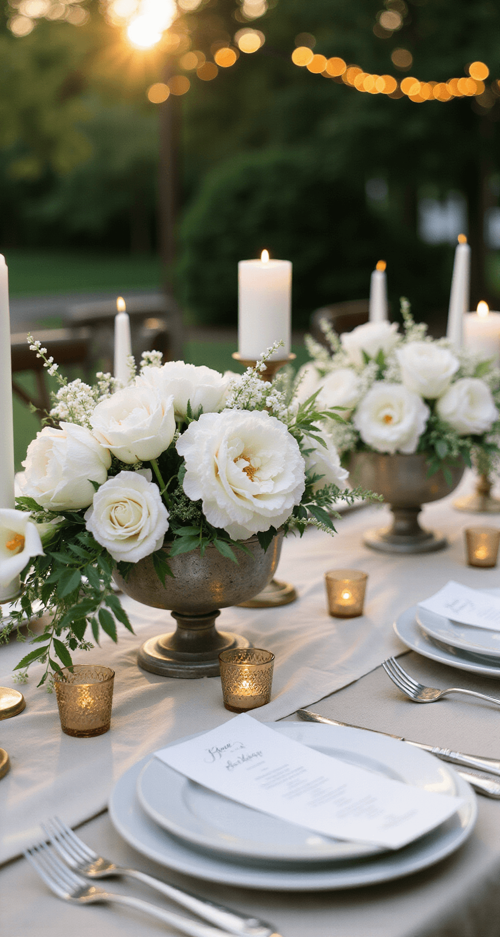 White Flowers for Weddings: A Bride's Ultimate Guide to Timeless Elegance Ivory-draped harvest table with vintage silver compotes of white flowers, glowing candles, and elegant place settings under twinkling fairy lights at golden hour.