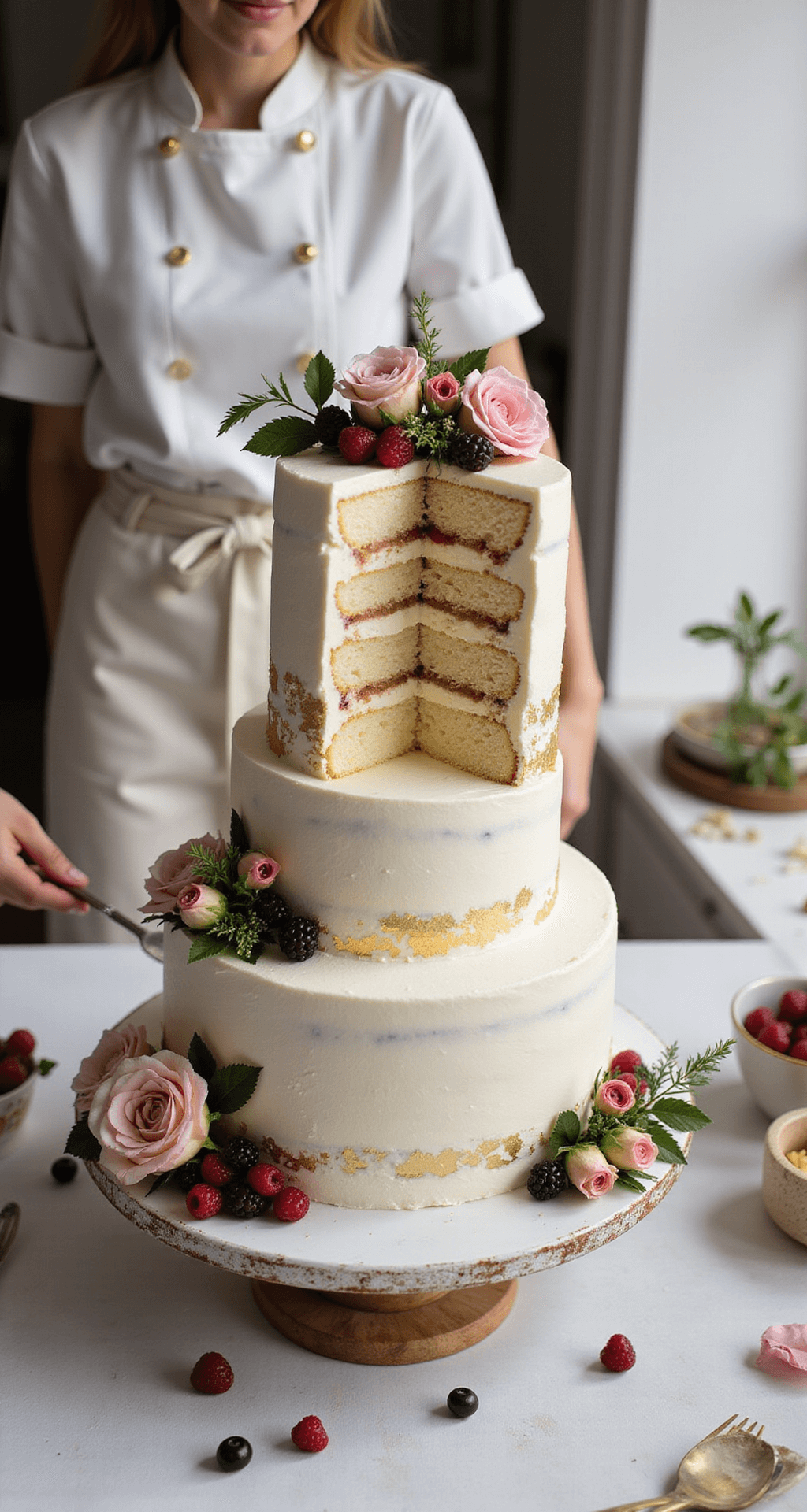 NAKED WEDDING CAKE: THE ULTIMATE RUSTIC CELEBRATION CENTERPIECE An elegant pastry kitchen with a three-tier naked cake decorated with fresh garden roses and wild berries, showcasing delicate vanilla sponge and minimal buttercream finish, illuminated by natural light.