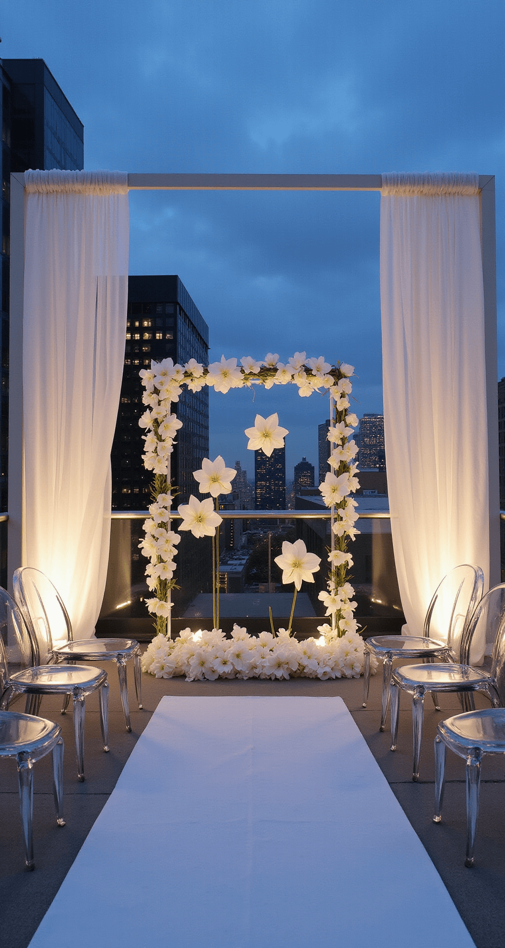 White Flowers for Weddings: A Bride's Ultimate Guide to Timeless Elegance A modern rooftop ceremony at blue hour featuring a minimalist white floral installation with calla lilies and orchids in geometric patterns within lucite frames against the city skyline. Ghost chairs form a semicircle facing the altar, with up-lighting illuminating white drapery billowing in the breeze.