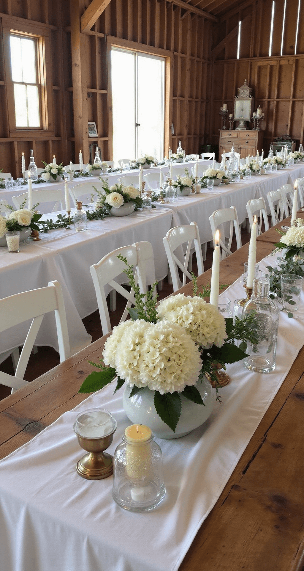 White Flowers for Weddings: A Bride's Ultimate Guide to Timeless Elegance Rustic barn reception tables with white hydrangea and garden rose centerpieces, eucalyptus, white linen runners, cross-back chairs, vintage crystal decanters, and brass candle holders in natural daylight.