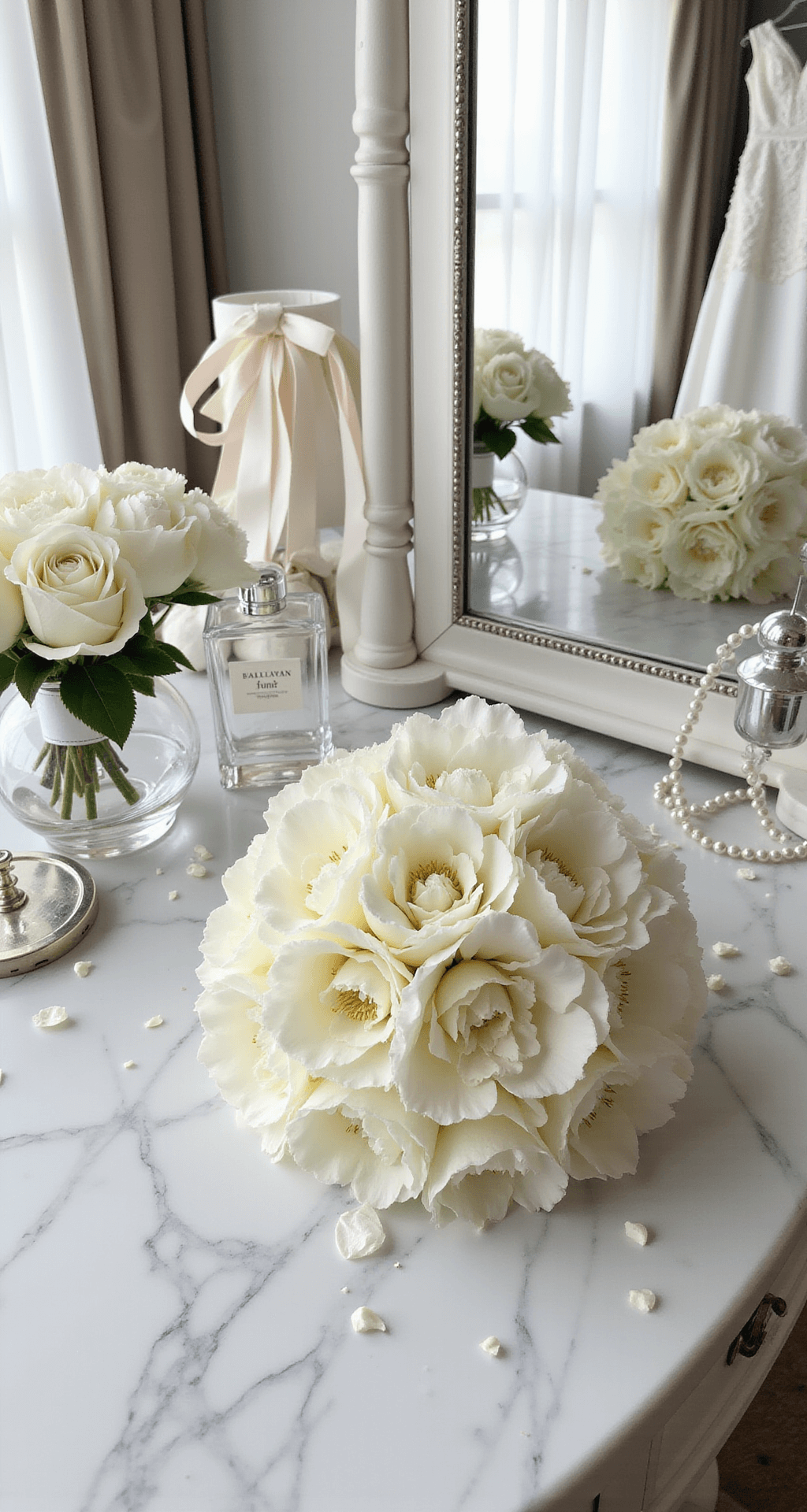 White Flowers for Weddings: A Bride's Ultimate Guide to Timeless Elegance A luxurious bridal suite featuring a cascading white peony bouquet on a marble vanity, with morning light highlighting a lace dress and silver-framed mirrors reflecting white rose petals and bridesmaids' bouquets. Crystal perfume bottles and pearl hairpins add elegant touches.