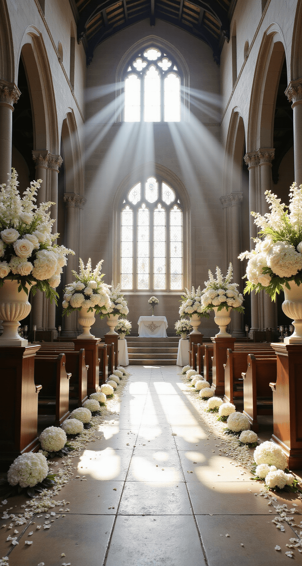 White Flowers for Weddings: A Bride's Ultimate Guide to Timeless Elegance A grand cathedral interior adorned with white rose and hydrangea garlands, light beams through stained glass, and white petals lining the aisle, highlighting the architectural and floral splendor.