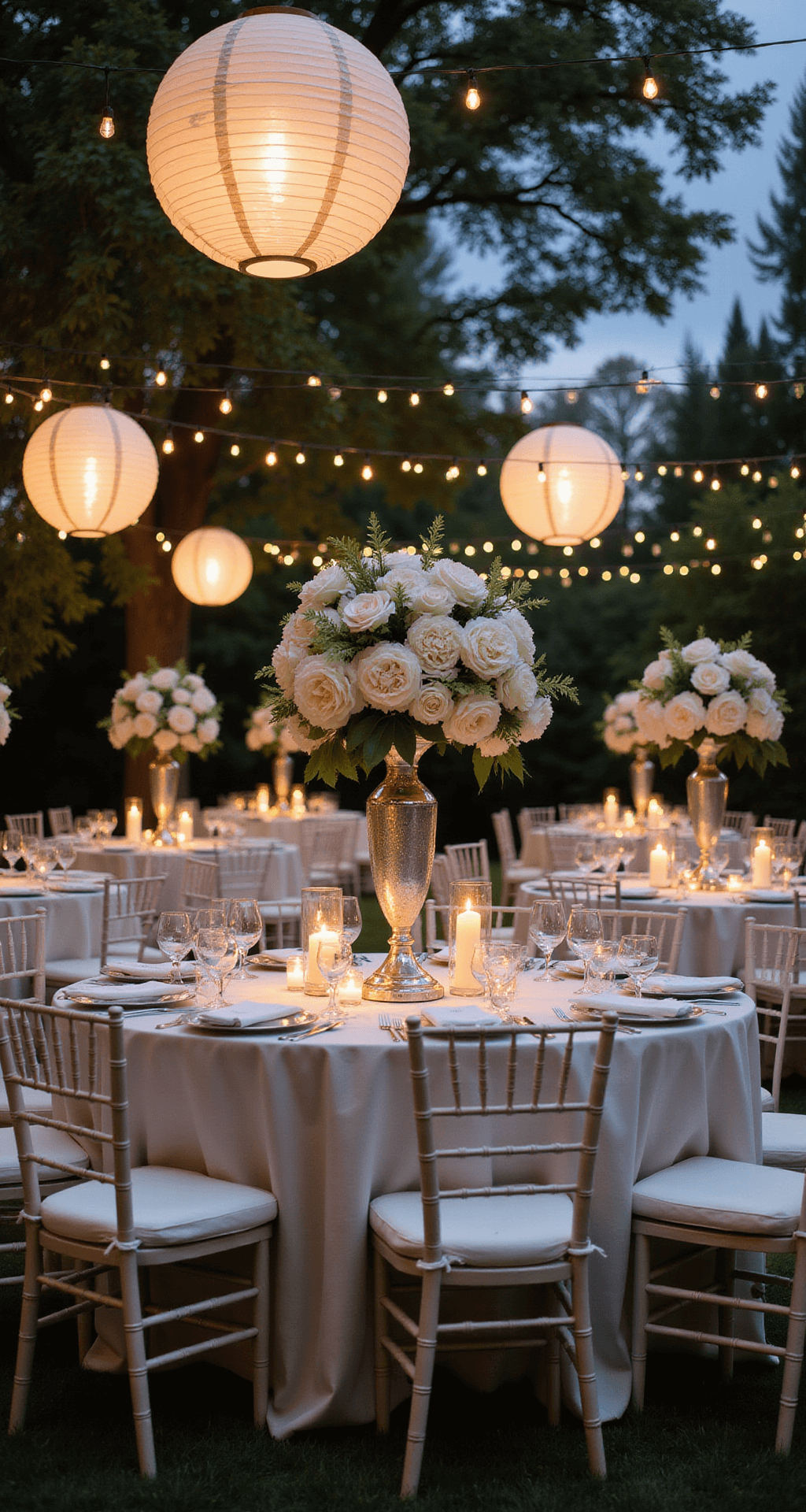 White Flowers for Weddings: A Bride's Ultimate Guide to Timeless Elegance Outdoor twilight reception with white paper lanterns, fairy lights, tall silver centerpieces, garden roses, hydrangeas, votive candles in hurricane glasses, white Chiavari chairs, and magical lighting effect.