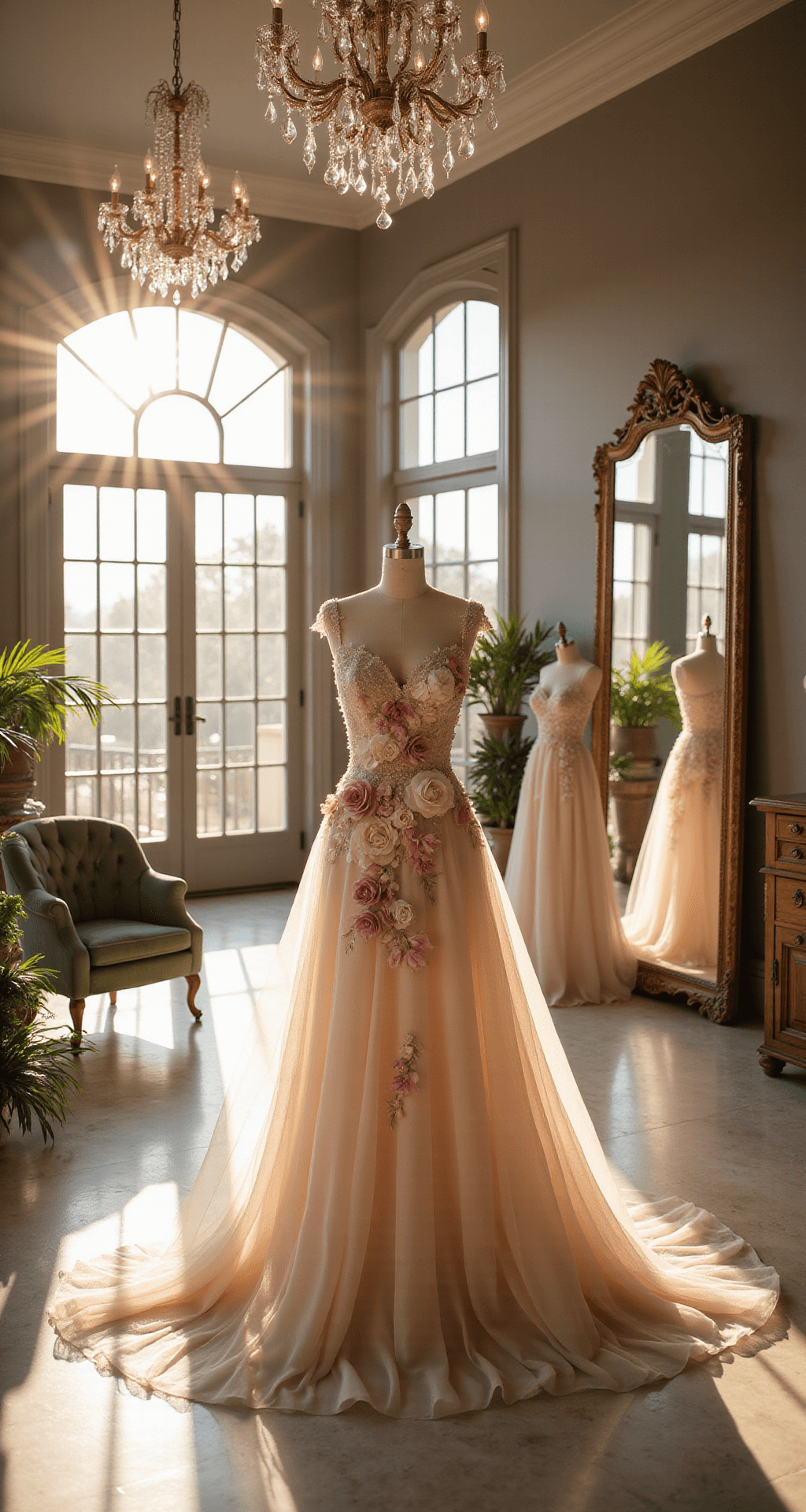 Floral Wedding Dresses: The Ultimate Guide to Romantic Bridal Style A sunlit bridal boutique showcasing floral wedding gowns on mannequins, with chandeliers reflecting light on marble floors, highlighted by a blush-toned A-line gown with 3D floral appliqués.