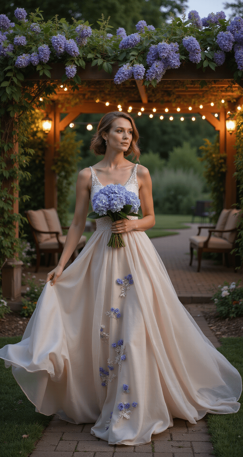 Floral Wedding Dresses: The Ultimate Guide to Romantic Bridal Style Bride in a champagne gown with blue hydrangea embroidery twirls under a wisteria-covered pergola, illuminated by fairy lights and surrounded by scattered lanterns and vintage furniture at an intimate garden wedding during dusk.