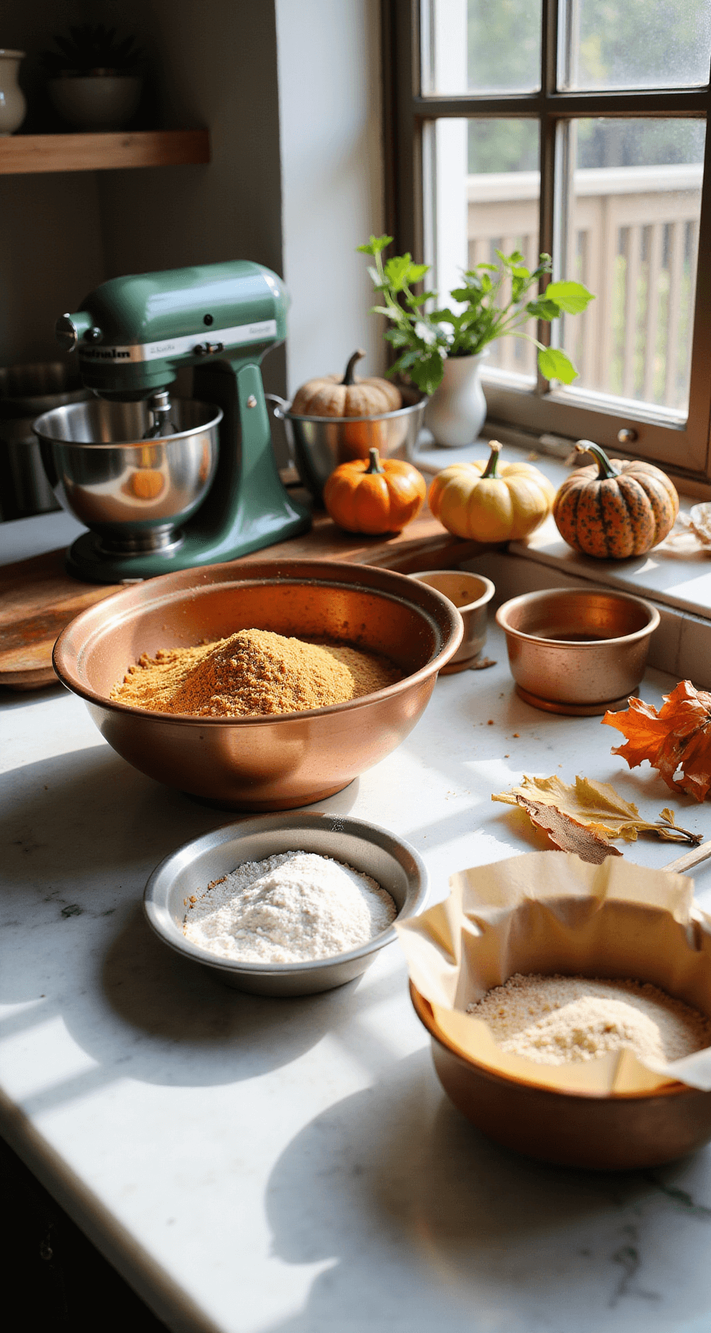 FALL WEDDING CAKE: A SEASONAL MASTERPIECE OF FLAVOR AND DESIGN A sunlit professional kitchen with a marble countertop, showcasing copper mixing bowls filled with flour, golden sugar, and spices, surrounded by pumpkins and seasonal ingredients, capturing the essence of fall wedding cake preparation.