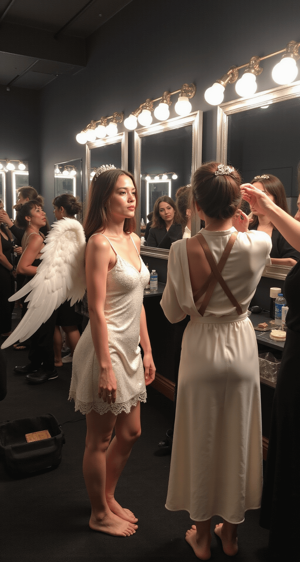 How to Create a Victoria's Secret Angel Costume: Your Complete Guide A model in a complete VS Angel costume checks her look in industrial mirrors backstage at a costume party, with professional lighting accentuating her body shimmer. A hairstylist adds volume to her hair while a makeup artist applies highlighter to her cheekbones. Her wings are secured with cross-body straps, and an elegant silk robe is ready for coverage. Evening venue lighting casts dramatic shadows on her wings.