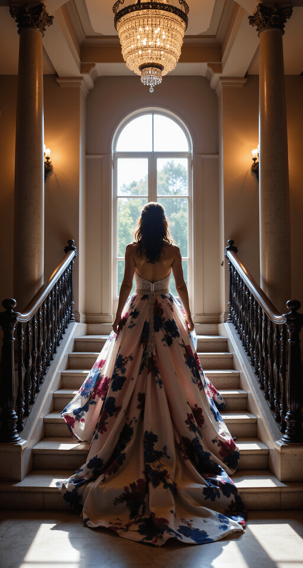 Floral Wedding Dresses: The Ultimate Guide to Romantic Bridal Style Bride in modern floral ballgown with abstract burgundy and navy prints descends grand staircase, framed by crystal chandeliers and marble columns, in a dramatic, low-angle shot with moody lighting.