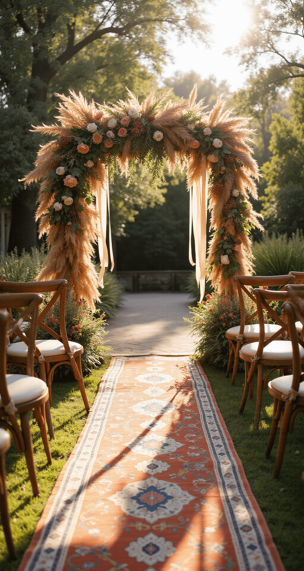Boho Wedding Flowers: Your Ultimate Guide to Creating Dreamy, Organic Floral Designs A sunlit garden wedding ceremony setup with an asymmetrical floral arch of pampas grass, wild roses, and dried palm fronds in terracotta and sage tones, surrounded by natural wood chairs and wildflower arrangements, all bathed in soft, dappled light.