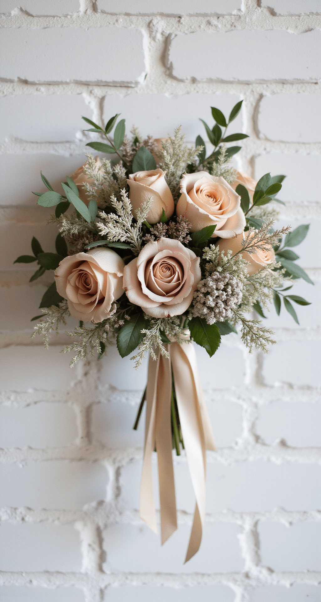 Boho Wedding Flowers: Your Ultimate Guide to Creating Dreamy, Organic Floral Designs Close-up detail of a bridal bouquet featuring garden roses, dried lunaria, and trailing silk ribbons, set against whitewashed brick, with a soft bokeh background highlighting textural elements like eucalyptus and wildflower sprigs.