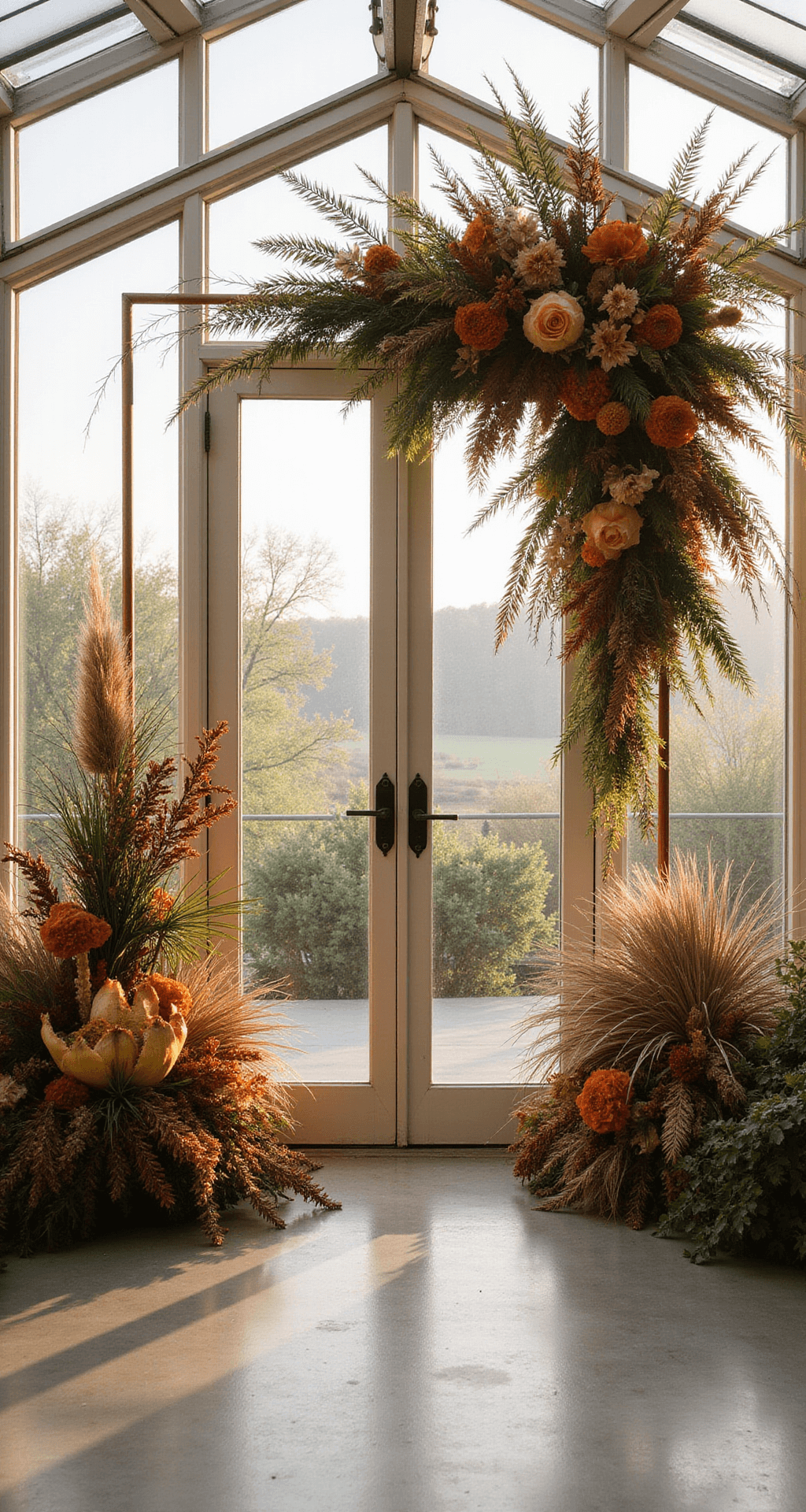 Boho Wedding Flowers: Your Ultimate Guide to Creating Dreamy, Organic Floral Designs Asymmetrical floral backdrop installation in a greenhouse, featuring oversized protea and trailing amaranthus in sunset tones, complemented by geometric copper frames and mixed grasses, with natural light illuminating the design.