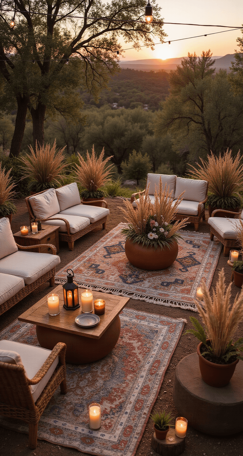 Boho Wedding Flowers: Your Ultimate Guide to Creating Dreamy, Organic Floral Designs A drone's eye view of a cozy sunset lounge with layered vintage rugs, low rattan furniture, copper lanterns, pillar candles, and floral arrangements in terra cotta pots, all illuminated by overhead string lights.