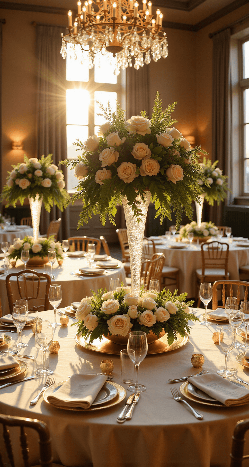 Stunning Wedding Flower Table Design: The Ultimate Guide to Creating Breathtaking Centerpieces A sunlit ballroom during golden hour, featuring round tables with white garden roses, greenery, crystal chandeliers, ivory silk tablecloths, gold-rimmed chargers, champagne glasses, and elegant glass centerpieces, captured in a sweeping wide angle to showcase the grand design.