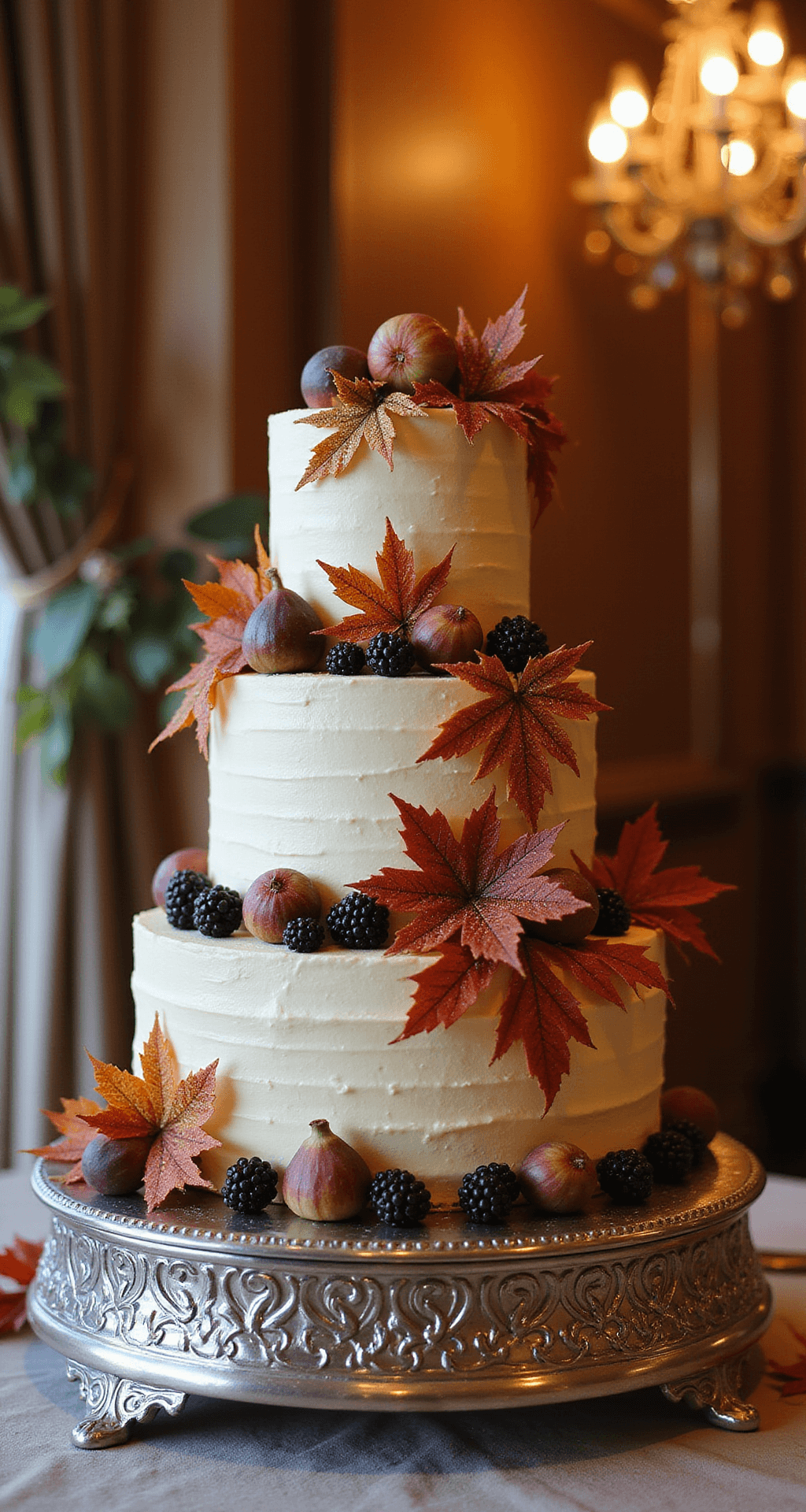 FALL WEDDING CAKE: A SEASONAL MASTERPIECE OF FLAVOR AND DESIGN A stunning three-tiered autumn wedding cake on a silver stand, textured buttercream in ivory hues adorned with burgundy and gold maple leaves, fresh figs, blackberries, and bronze-dusted sugar flowers, set in a beautifully lit wedding venue at golden hour with soft bokeh and fluttering sheer curtains.