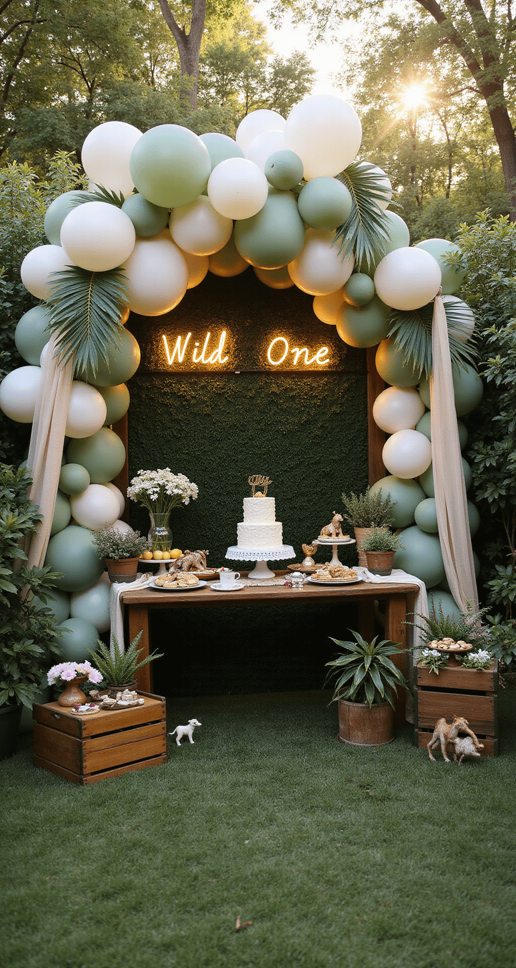The Ultimate Wild One Birthday Party Guide: Turning One Year Old in Style! Sunlit backyard jungle-themed party with a large sage green, ivory, and gold balloon arch framing a dessert table with a three-tier naked cake, surrounded by green plants and safari animal figurines. Soft evening light beams through draped fabric, illuminating vintage wooden crates and a neon 'Wild One' sign amidst twinkling fairy lights.