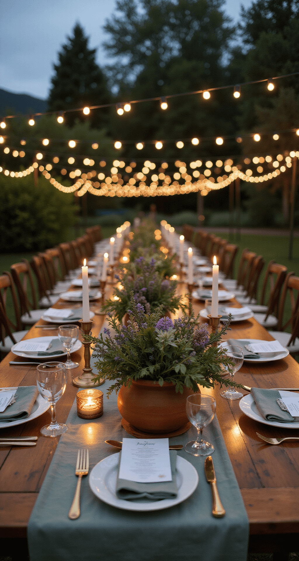 Stunning Wedding Flower Table Design: The Ultimate Guide to Creating Breathtaking Centerpieces An intimate garden reception at dusk features suspended fairy lights, farm tables with sage linen runners, wildflower centerpieces in terracotta vessels, and vintage brass candlesticks with warm candlelight, all captured at eye level with a shallow depth of field.