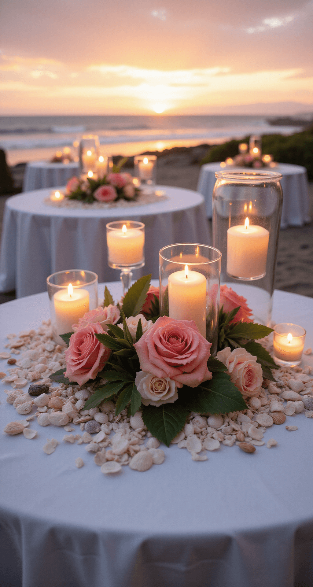 Stunning Wedding Flower Table Design: The Ultimate Guide to Creating Breathtaking Centerpieces A picturesque beachfront celebration at sunset featuring low cocktail tables adorned with white, gauzy fabric, oversized glass hurricanes filled with pillar candles, and scattered rose petals and seashells, complemented by coral and blush garden roses in clear glass vases, all set against a dreamy ocean backdrop with soft bokeh effects.