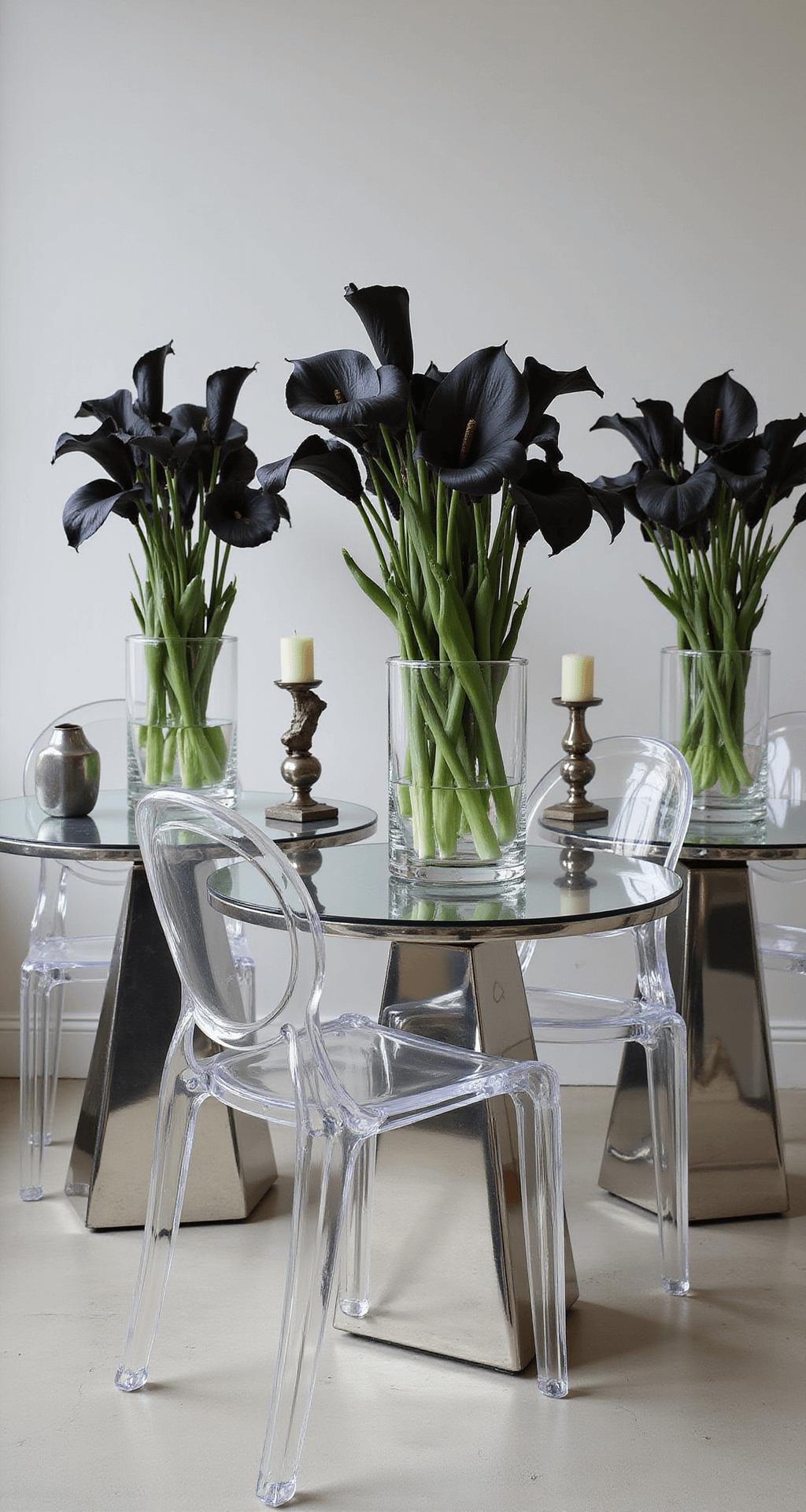 Stunning Wedding Flower Table Design: The Ultimate Guide to Creating Breathtaking Centerpieces A modern museum interior showcasing lucite ghost chairs and mirrored tables adorned with striking black calla lilies, geometric metal sculptures, and contemporary candleholders, all enhanced by dramatic lighting that casts bold shadows and highlights reflective surfaces.