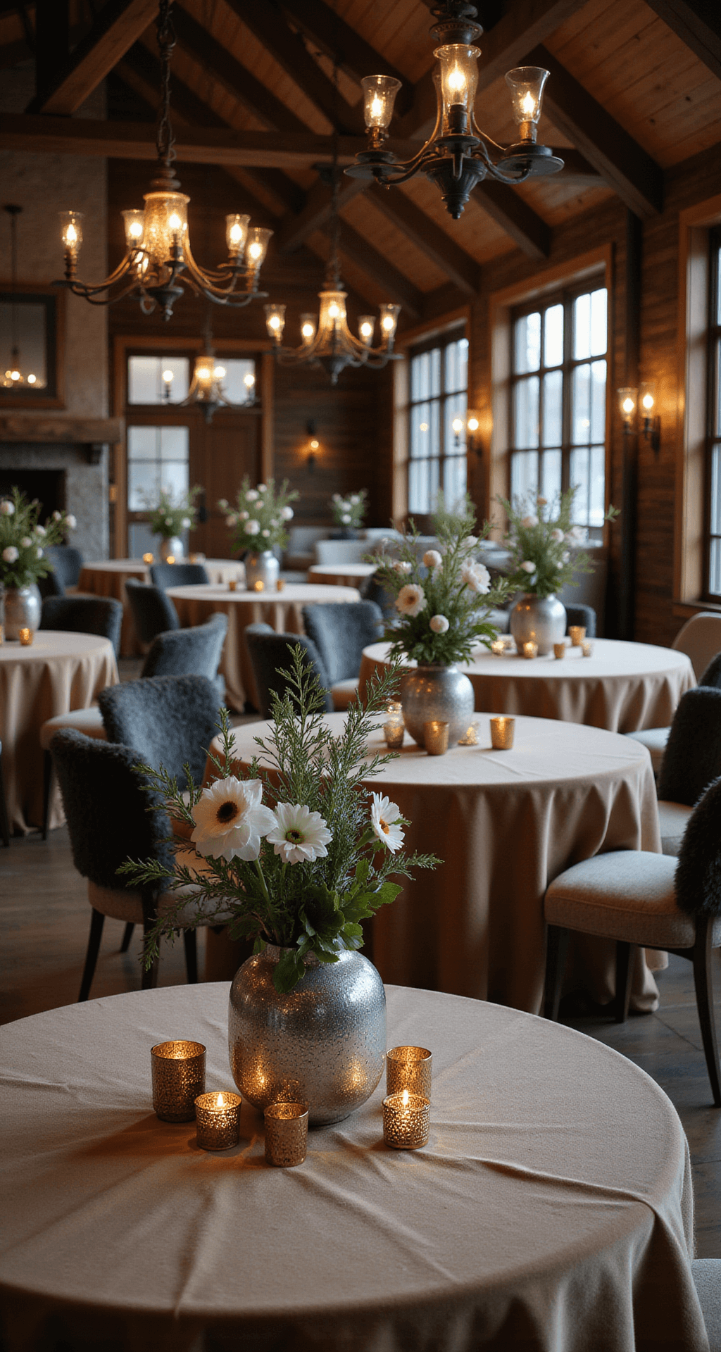 Stunning Wedding Flower Table Design: The Ultimate Guide to Creating Breathtaking Centerpieces A cozy winter lodge setting featuring round tables with velvet linens, adorned with organic floral arrangements of white amaryllis, anemones, and silver brunia in mercury glass vases, illuminated by iron chandeliers in moody evening light, with fur chair covers and metallic accents adding a touch of luxury.