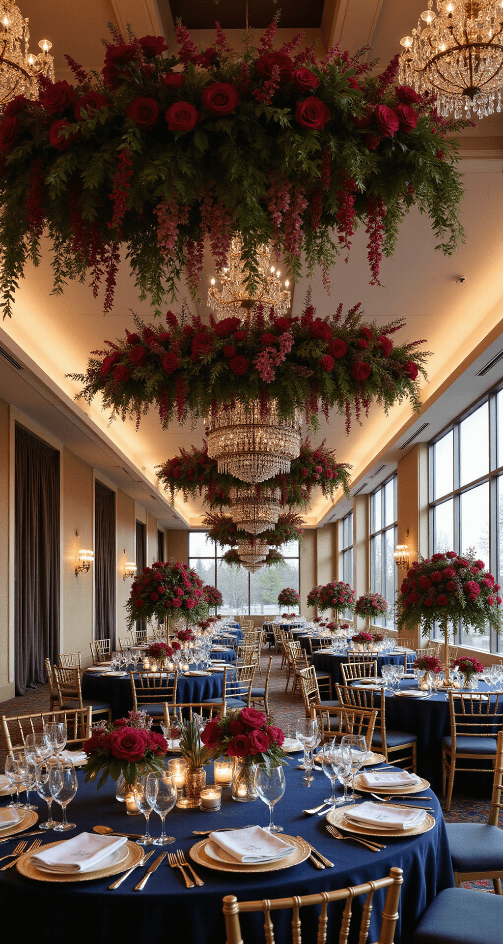 Jewel Tone Wedding Flowers: A Luxurious Floral Symphony for Your Special Day A luxurious wedding reception in a grand ballroom during golden hour, featuring dramatic floral installations and jewel-toned centerpieces on midnight blue velvet tables, illuminated by crystal chandeliers and natural light streaming through tall windows.
