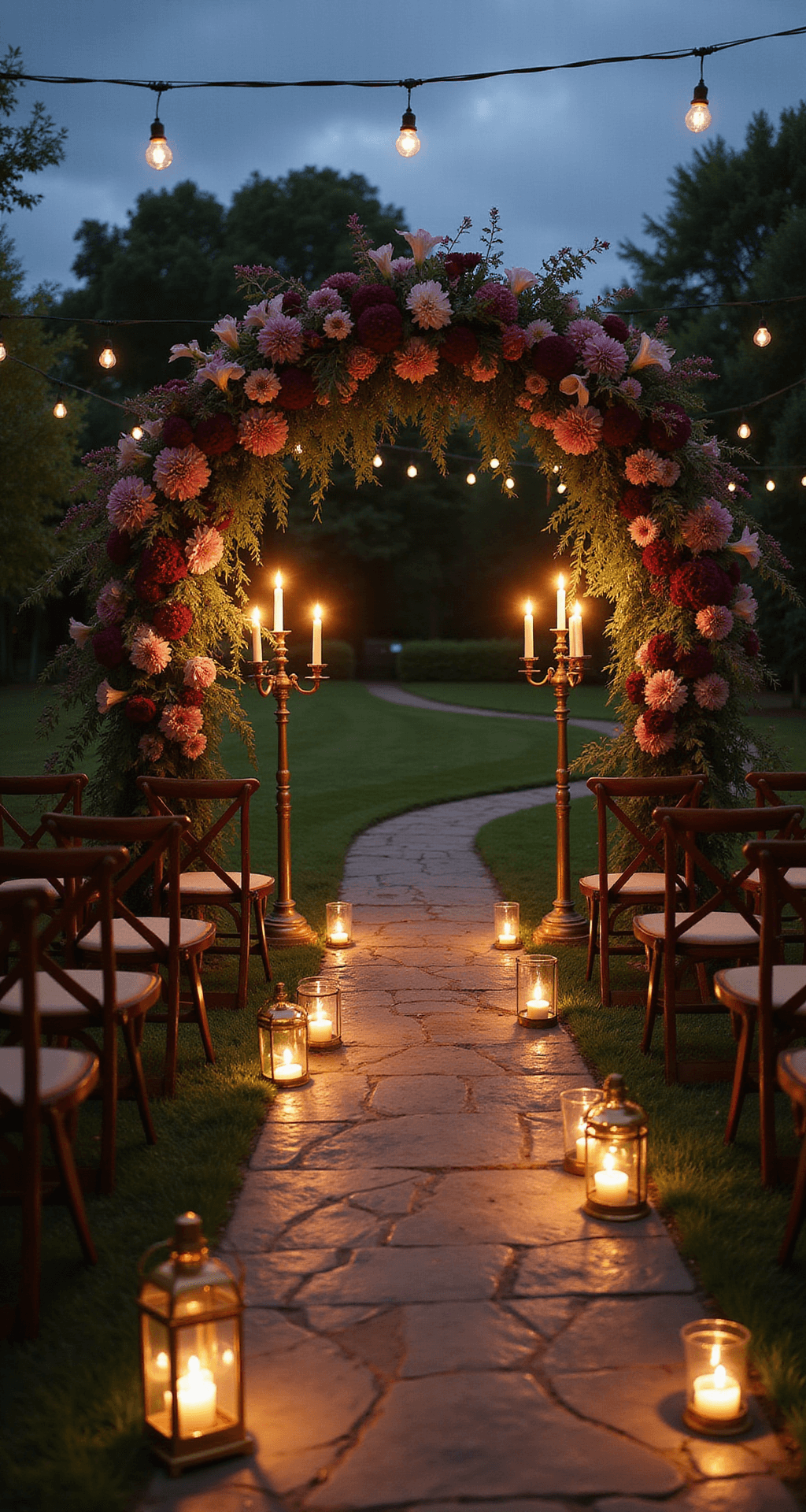 Jewel Tone Wedding Flowers: A Luxurious Floral Symphony for Your Special Day Intimate garden ceremony at dusk, featuring a stone pathway with glowing lanterns leading to a floral arch of amethyst calla lilies and burgundy dahlias, surrounded by wooden chairs with jewel-toned floral bundles, under a moody sky and twinkling market lights.