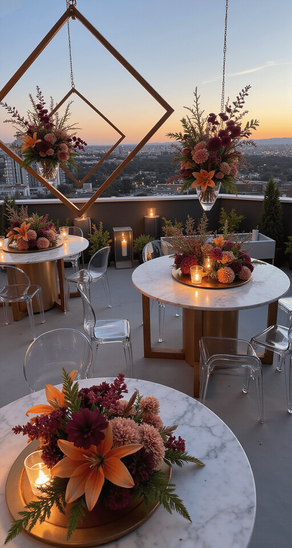 Jewel Tone Wedding Flowers: A Luxurious Floral Symphony for Your Special Day A modern rooftop venue featuring geometric installations, suspended copper frames with vibrant floral arrangements, ghost chairs around marble-topped tables, and a backdrop of twinkling city lights at sunset, captured from an overhead drone shot.