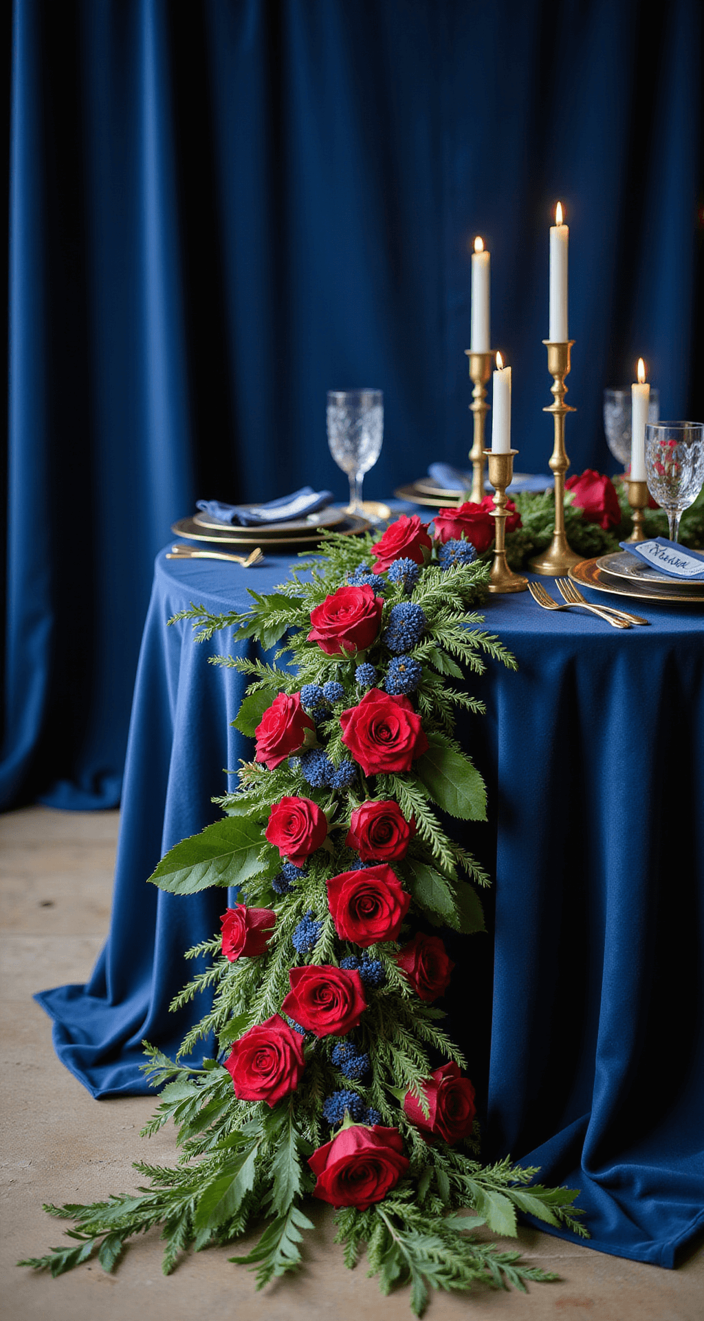 Jewel Tone Wedding Flowers: A Luxurious Floral Symphony for Your Special Day A luxurious sweetheart table adorned with an opulent floral runner of ruby garden roses and sapphire thistle, set against a midnight blue velvet backdrop. Vintage brass candlesticks illuminate the scene, while gold-rimmed chargers and elegant hand-calligraphed place cards enhance the rich textures and moody atmosphere.